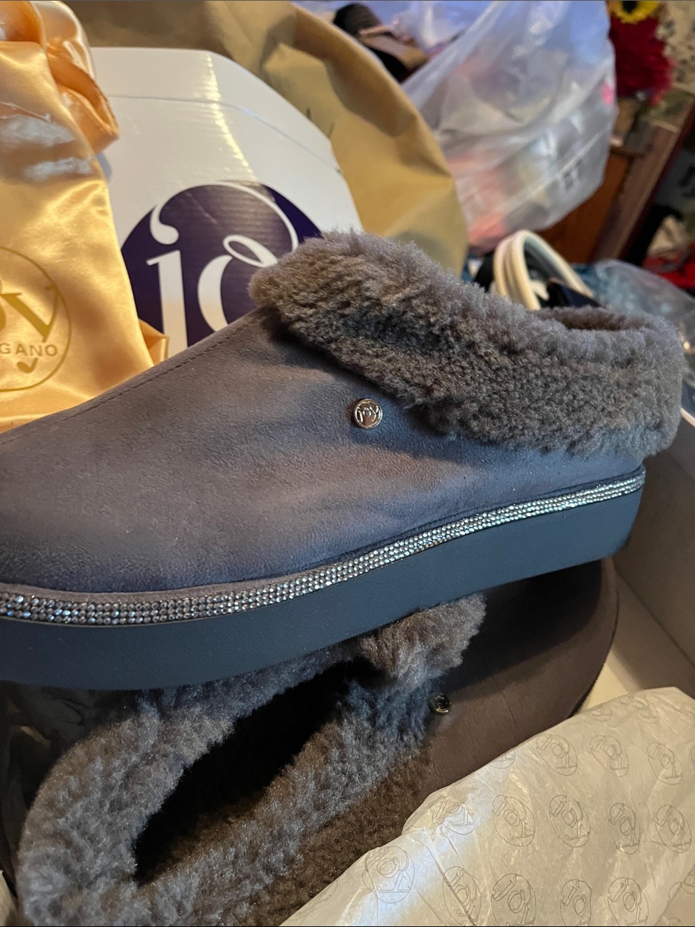 JoyCharcoal Suede Shearling Slip-On Clog with Rhinestone Trim